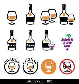 Brandy und Cognac Vektor Farb-Icons Set - Alkohol Design Set, Alkohol - Brandy und Cognac Flasche, Glas-Icons isoliert auf weiß Stock Vektor
