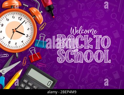 Zurück zur Schule Bildung Vektor-Design. Zurück zur Schule Text im leeren Raum mit Schulartikeln und Vorräten in violettem Bildungsmuster Hintergrund Stock Vektor