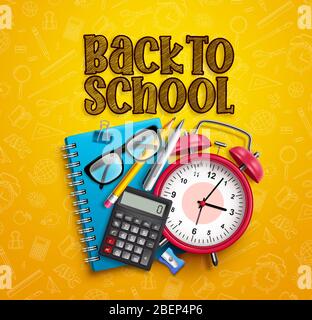 Zurück zur Schule Vektor Banner Design. Zurück zur Schule Text und Schule Elemente und Elemente in gelben Bildung bezogene Muster Hintergrund. Stock Vektor