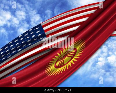 Flagge von Amerika mit Kirgisistan Flagge am Himmel Hintergrund Stockfoto