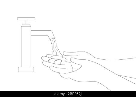 Händewaschen unter dem Wasserhahn schwarz-weiße Abbildungen. Handflächen und Finger reinigen. Detailzeichnung des Hygienekonzepts. Stock Vektor
