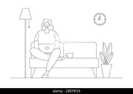 Eine Frau, die zu Hause an einem Projekt arbeitet, sitzt zu Hause im Wohnzimmer auf dem Sofa und verwendet ein Computernotizbuch für die Fernarbeit. Stock Vektor