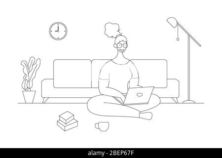 Eine Frau, die zu Hause an einem Projekt arbeitet, sitzt auf dem Boden zu Hause im Wohnzimmer und verwendet Computer-Notebook für Remote-Arbeit. Stock Vektor