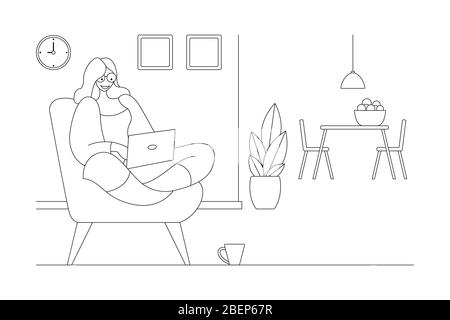 Eine Frau, die zu Hause an einem Projekt arbeitet, sitzt zu Hause im Wohnzimmer auf dem Sofa und verwendet ein Computernotizbuch für die Fernarbeit. Stock Vektor