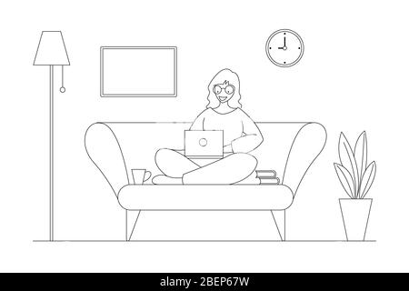 Eine Frau, die zu Hause an einem Projekt arbeitet, sitzt zu Hause im Wohnzimmer auf dem Sofa und verwendet ein Computernotizbuch für die Fernarbeit. Stock Vektor