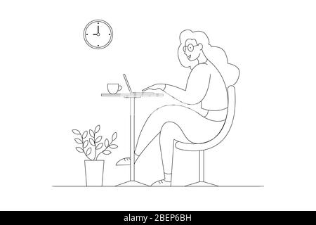 Eine Frau, die zu Hause an einem Projekt arbeitet, sitzt an einem Tisch und zeigt Ideen auf ein Computernotizbuch. Stock Vektor