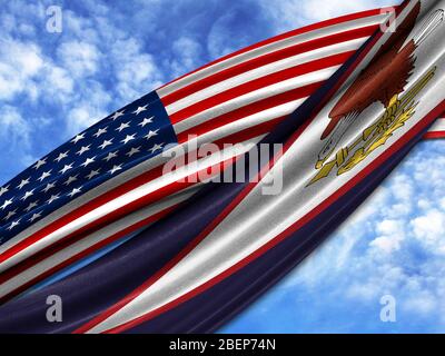 Flagge Amerikas mit amerikanischer Samoa Flagge auf Himmel Hintergrund Stockfoto