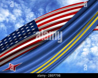 Flagge von Amerika mit Aruba Flagge auf Himmel Hintergrund Stockfoto