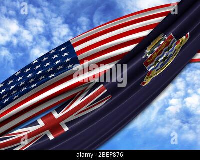 Flagge von Amerika mit Cayman Inseln Flagge am Himmel Hintergrund Stockfoto