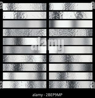 Set von Metallstreifen mit verschiedenen Texturen und Glanz. 3d-Rendering, niemand da. Stockfoto