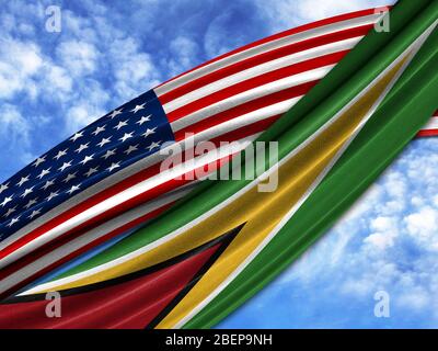 Flagge von Amerika mit Guyana Flagge auf Himmel Hintergrund Stockfoto