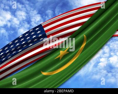 Flagge von Amerika mit Mauretanien Flagge am Himmel Hintergrund Stockfoto