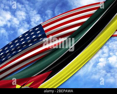 Flagge von Amerika mit Mosambik Flagge am Himmel Hintergrund Stockfoto