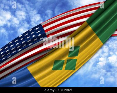 Flagge von Amerika mit St. Vincent und die Grenadinen Flagge am Himmel Hintergrund Stockfoto