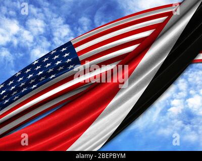 Flagge Amerikas mit Sealand, Fürstentum Flagge am Himmel Hintergrund Stockfoto