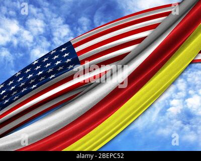 Flagge von Amerika mit Südossetien Flagge auf Himmel Hintergrund Stockfoto