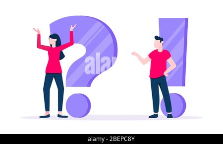 Q und EIN Konzept mit winzigen Mann Menschen Charakter mit großer Frage, Ausrufezeichen, häufig gestellte Fragen Konzept. Frage Antwort Business Support Stock Vektor