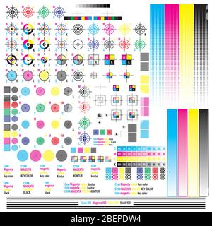 CMYK-Farbmanagement-Elemente. Grafische Symbol-Dienstprogramme werden veröffentlicht. Drücken Sie Mark. Kalibrierung, Schnittmarken. EPS 10 Stock Vektor