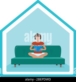 Frau sitzt knieend auf dem Sofa und liest Buch, Tagebuch in den Armen, weibliche Figur. Isoliert auf weißer, flacher Vektorgrafik. Person interessante Ausgaben Stock Vektor