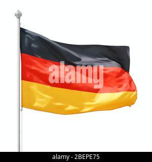 Deutsche Flagge auf Fahnenmast. Isoliert auf weiß, Beschneidungspfad inklusive Stockfoto