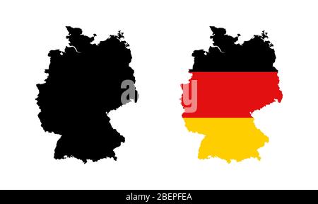 Übersichtskarte von Deutschland in schwarzer Farbe und Farbe der Nationalflagge. Vektorgrafik isoliert auf weißem Hintergrund. Stock Vektor