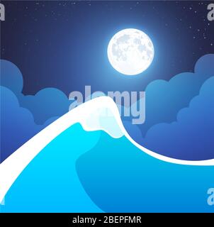 Scenic Night Mountain Landscape Plakette mit Felsen und Mond in dunklen Himmel im Cartoon-Stil. Vektor-Tapete Illustration von kanadischen Natur oder europäisch Stock Vektor