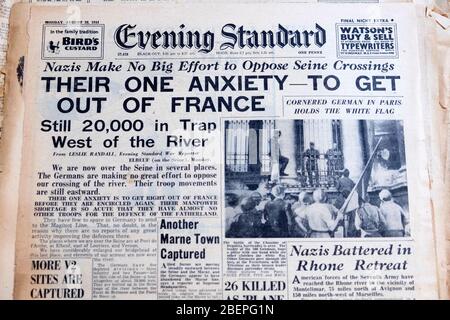 Evening Standard World war 2 WWII britische Zeitung Schlagzeilen 28 August 1944 "Ihre eine Angst, aus Frankreich zu kommen" London England UK Stockfoto