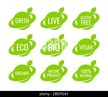 Green organic Vegan Food Logo-Labels und Tags - Vegetarian eco Green concept Stock Vektor