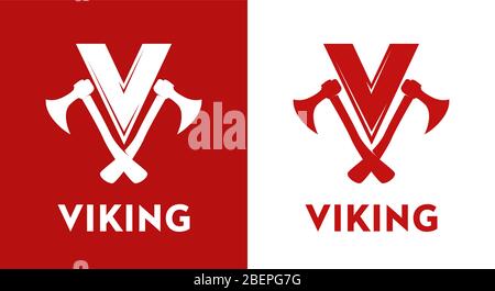 Viking Logo - Vektor-Emblem in rot isoliert auf weißem und rotem Hintergrund. Style-Design mit gekreuzten Achsen und Buchstaben V. Stock Vektor