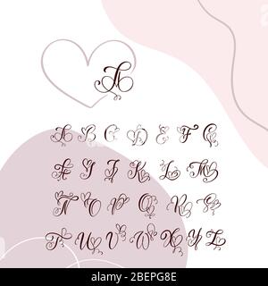 Handschriftliche Herz Kalligraphie Monogramm Alphabet. Valentine Cursive Font mit blüht Herzen Font. Cute isolierten Buchstaben. Für Postkarte oder Poster Stock Vektor