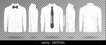 Weißes Hemd mit schwarzer Krawatte und Fliege isoliert. Realistische Herren Shirt Mockup mit langen Ärmeln vorne, Seite, Rückansicht. Vektorgrafik Stock Vektor