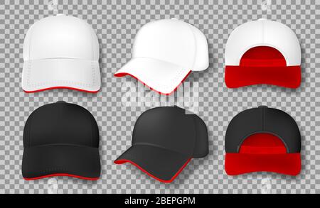 Realistische Baseball-Cap Mockup isoliert. Weiße und schwarze Textilkappe mit rotem Visier, Vorder-, Rücken- und Seitenansicht. Design-Element Vorlage. Vektor Stock Vektor