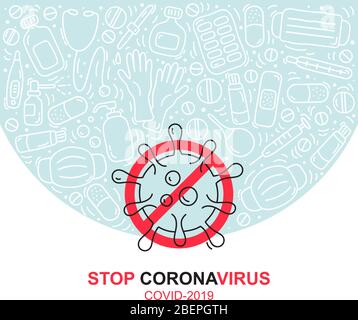 Vektor-Logo Zeichen Vorsicht Coronavirus. Illustration Stop Coronavirus für Banner oder Poster. Pandemisches medizinisches Konzept mit gefährlichen Zellen Stock Vektor