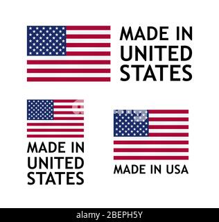 Made in USA Label, Vektor Tag Vorlage mit United States of America Flagge isoliert auf weiß. Stock Vektor