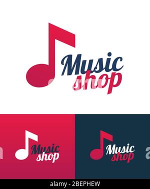 Music Shop Vektor-Logo-Icon mit Musiknote und Beschriftung, Schriftzug für Schild des Music Store. Abbildung auf weißem, rotem und dunklem Hintergrund. Stock Vektor