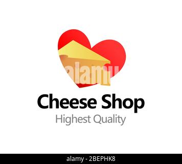 Cheese Logo mit Herz, Vektor buntes Emblem isoliert auf weiß mit Beschriftung, Cheese Shop. Stock Vektor