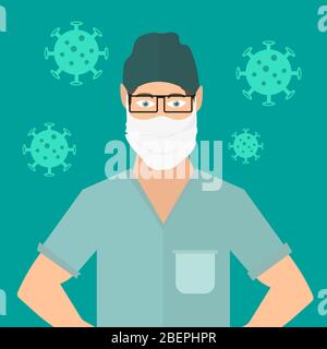 Arzt trägt Gesichtsmaske, COVID-19 Vektor-Illustration. Covid Coronavirus-Infektion Stock Vektor