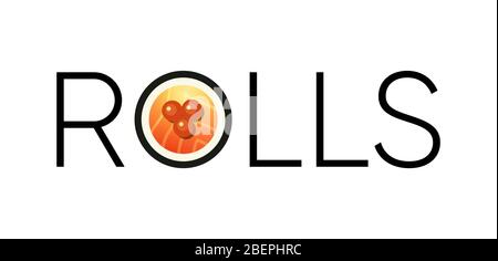 Rolls Logo Vector für Sushi Bar, Restaurant mit japanischer Küche. Rolls Label mit runder Illustration von Sushi. Stock Vektor