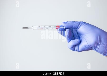 Frauenhand mit blauem Latexhandschuh, der das Thermometer hält Stockfoto