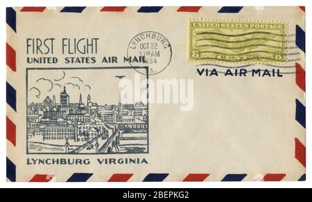 Lynchburg, Virginia, USA - 22. Oktober 1934: Uns historische Umschlag: Abdeckung mit Gütesiegel erster Flug, Air Mail, Stadtblick, acht Cent Briefmarke Stockfoto