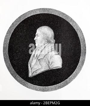 Franz Anton Mesmer, Friedrich Anton Mesmer, 23. Mai 1734 - 5. März 1815, war zunächst Arzt in Wien, führte dann Magnetkuren durch und gründete Tiermagnetismus, auch Mesmerismus genannt / Franz Anton Mesmer, Friedrich Anton Mesmer, 23. 1734. - 5. Mai. März 1815, war zuletzt Arzt in Wien, führte dann magnetische Kuren durch und begründete den Animalischen Magnetismus, auch Mesmerismus genannt, Historisch, digital verbesserte Reproduktion eines Originals aus dem 19. Jahrhundert / Digitale Reproduktion einer Originalvorlage aus dem 19. Jahrhundert Stockfoto