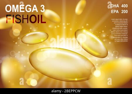 Realistisches Fliegenfischen Fischöl Kapseln Anzeigen Vorlage, Omega-3 oder Vitamin E Softgel Kapsel auf goldenem Hintergrund. Vektor 3D-Illustration. Stock Vektor
