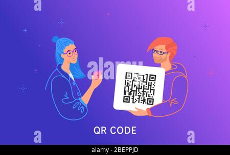 Scannen von QR-Codes mit dem Smartphone. Konzept Vektor-Illustration von lächelnden Teenager-Freunde mit einer Karte mit qr-Code und Scannen für schnelle Zahlung, Stock Vektor