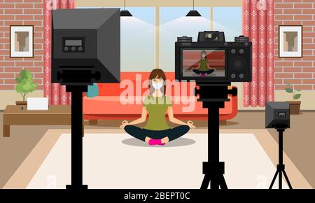 Frau, die Yoga macht und Video bloggt mit Maske und Handschuhen. Bleiben Sie zu Hause Konzept Vektor-Illustration. Stock Vektor