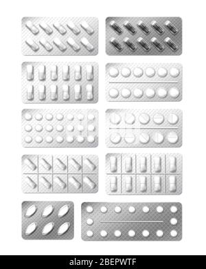 Medizin Schmerzmittel Pillen Verpackung. Realistische 3d-Medikamente in Blister isoliert auf weiß. Vitaminkapsel Droge Blister Pack. Medizinische Versorgung Pharmazeutik Stock Vektor