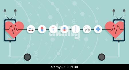 Konzept medizinische Dienstleistungen Vektor-Illustration mit medizinischen flach Symbol. Rote Herzen mit Pulswellen und Stethoskopen auf Smartphones. Stock Vektor