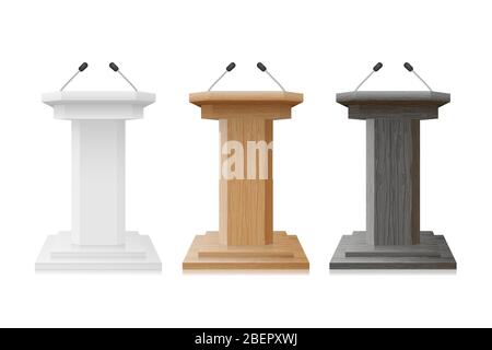 Podium Holz und weiß leer Tribune Set. Debatte Podium Stand mit Mikrofonen Mockup isoliert. Illustration für Business-Präsentation. vektor Stock Vektor