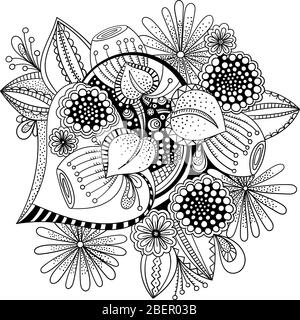 Dekorative Doodle Blumen in schwarz und weiß zum Ausmalen von Buch, Cover oder Hintergrund. Handgezeichnete Skizze für Erwachsene Anti Stress Malvorlagen. vektor Stock Vektor