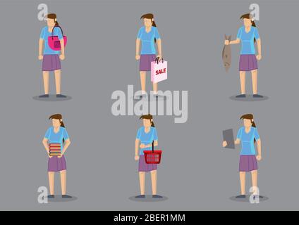 Set von sechs Vektor-Cartoon-Charakter der Frau als Hausfrau tragen verschiedene Objekte auf grauem Hintergrund isoliert. Stock Vektor
