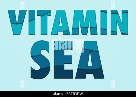 Text VITAMIN SEA. Helle Buchstaben in Blautönen, moderner Papierschnitt-Effekt. Abstrakter Hintergrund, Urlaubskonzept. Stilvolles Motivationsposter Stockfoto